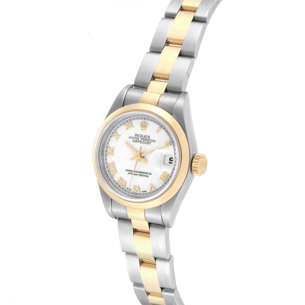 This is a Rolex Datejust 69163 Women's Steel and Gold (two tone) White Dial 69163 Women's Steel and Gold (two tone) White Dial watch shown at a slight angle, highlighting its two-tone bracelet and white dial.
