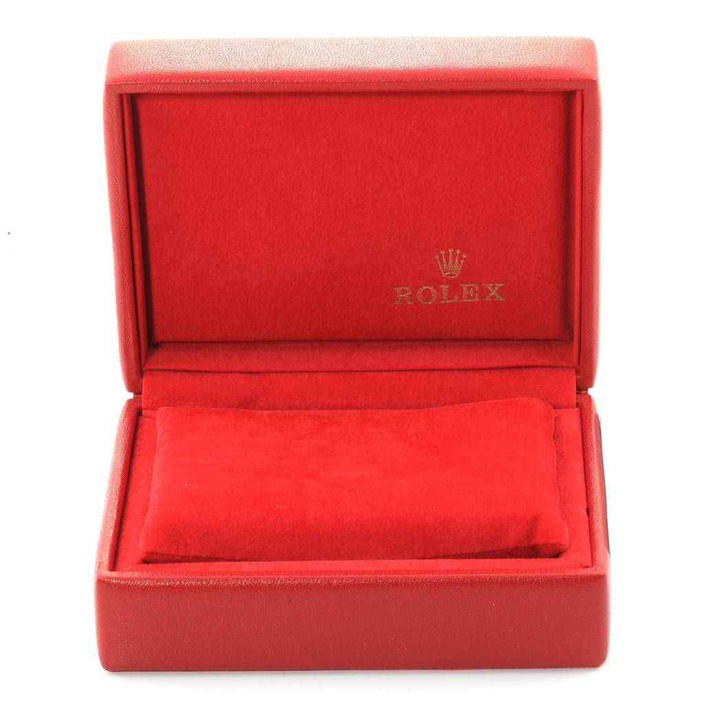 This image shows a red Rolex watch box, intended for the Datejust model, with the lid open and an empty cushion inside.