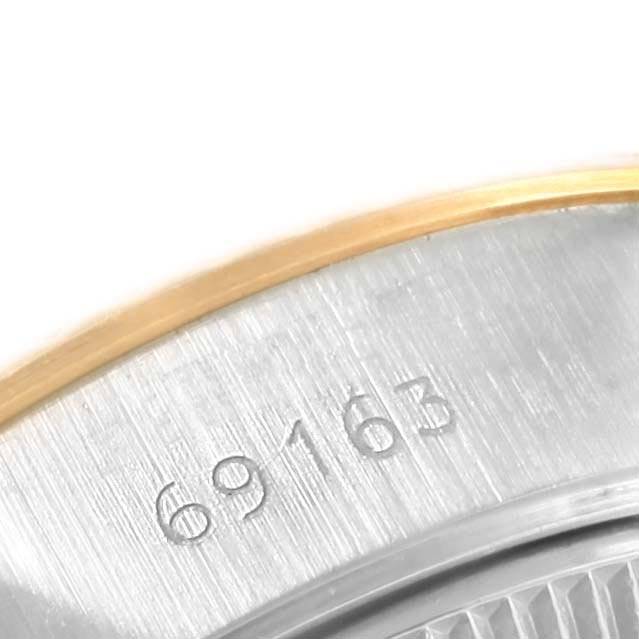 This image shows a close-up of the model number "69163" etched onto the case back of a Rolex Datejust 69163 Women's Steel and Gold (two tone) White Dial 69163 Women's Steel and Gold (two tone) White Dial watch.