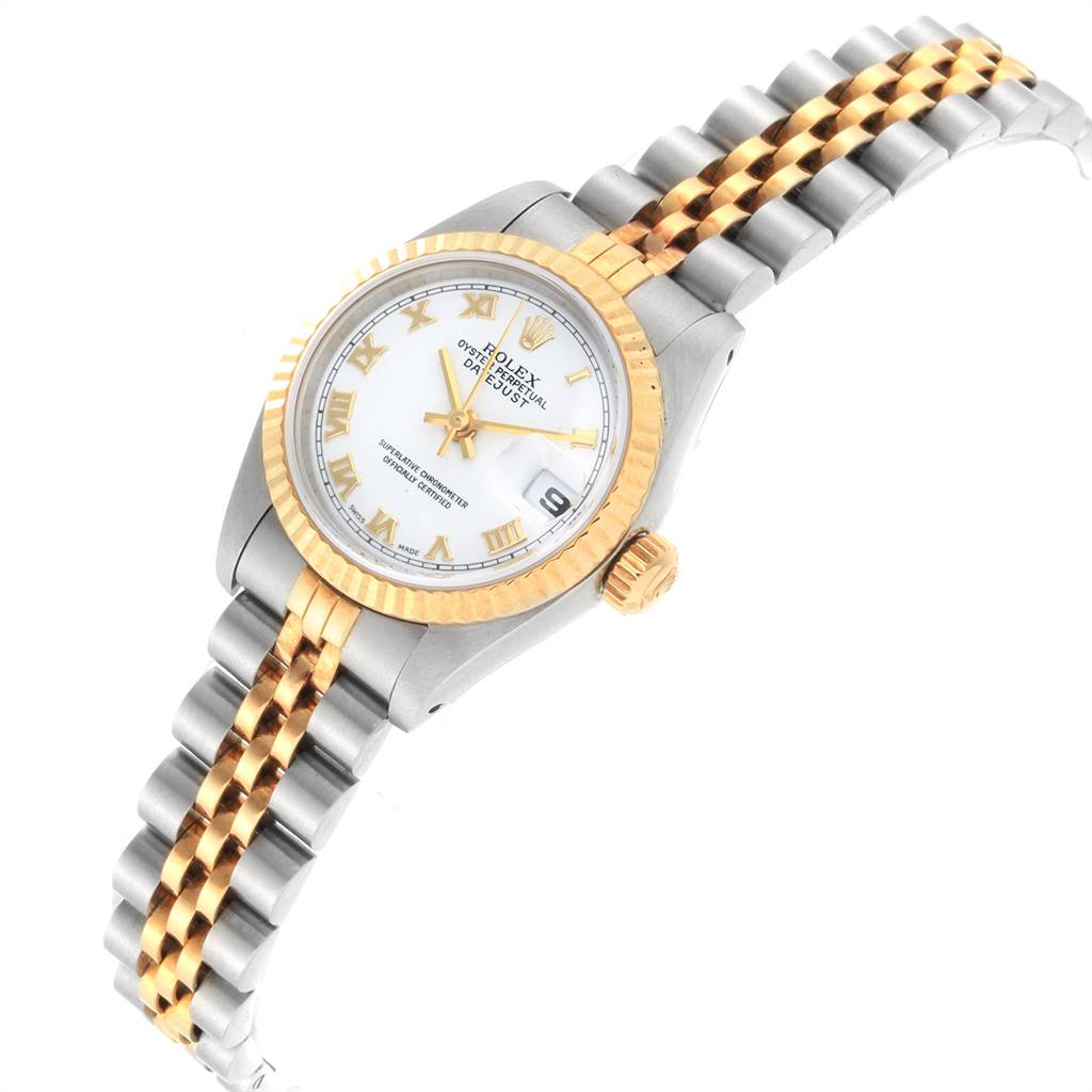 The image shows a Rolex Datejust 69173 Women's Stainless Steel White Dial 69173 Women's Stainless Steel White Dial watch at a slight angle displaying the dial, bezel, and part of the bracelet.