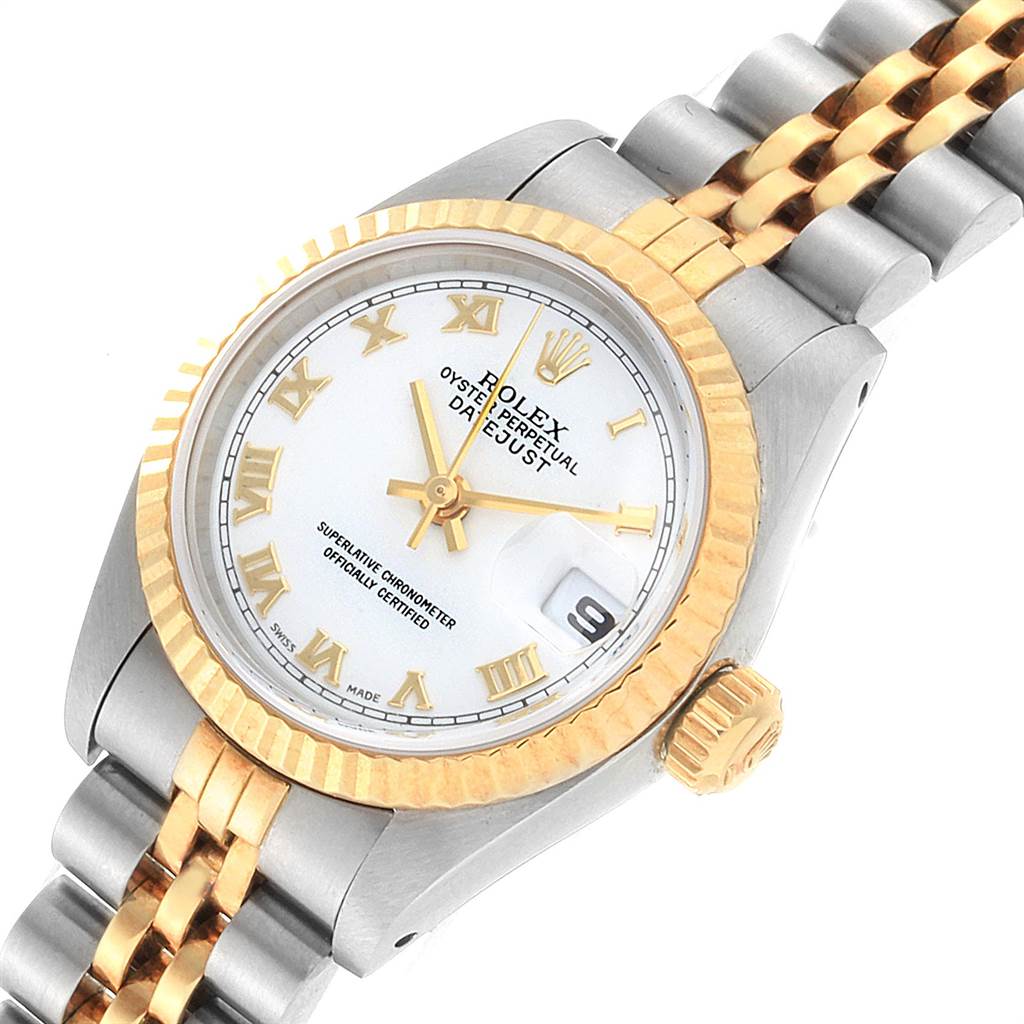 The image shows a close-up, angled view of the face, crown, and bracelet of the Rolex Datejust 69173 Women's Stainless Steel White Dial 69173 Women's Stainless Steel White Dial watch.
