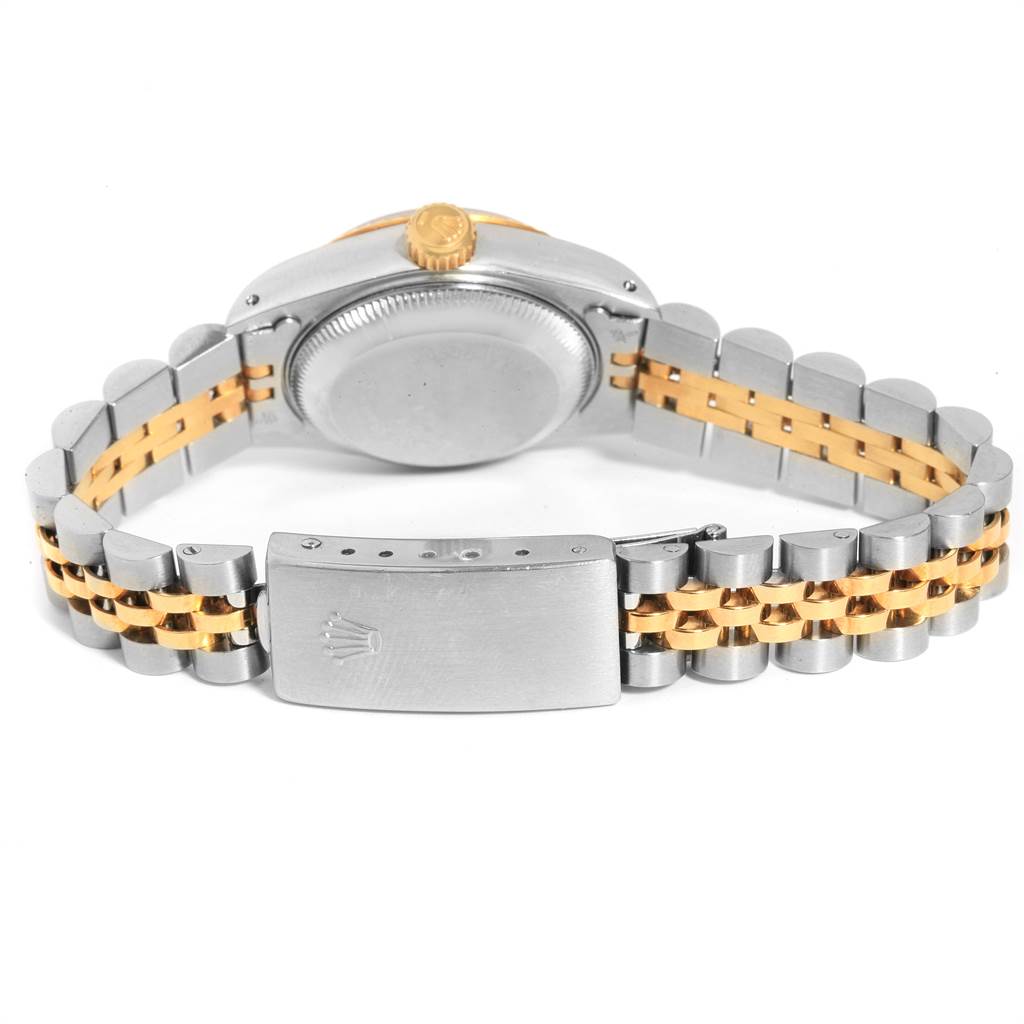 The image shows the back view of a Rolex Datejust 69173 Women's Stainless Steel White Dial 69173 Women's Stainless Steel White Dial watch, focusing on the case back, bracelet, and clasp.