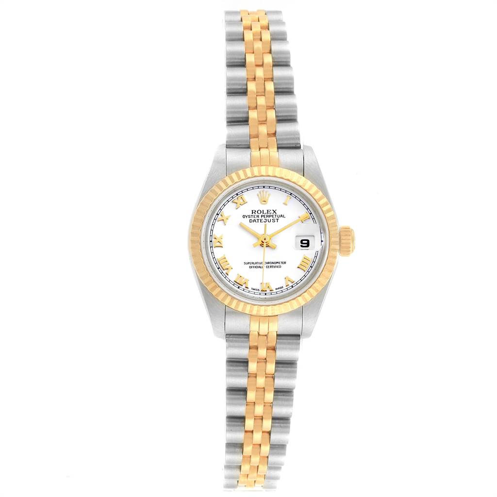 This image shows a frontal view of a Rolex Datejust 69173 Women's Stainless Steel White Dial 69173 Women's Stainless Steel White Dial watch, displaying the face, bezel, and two-tone bracelet.