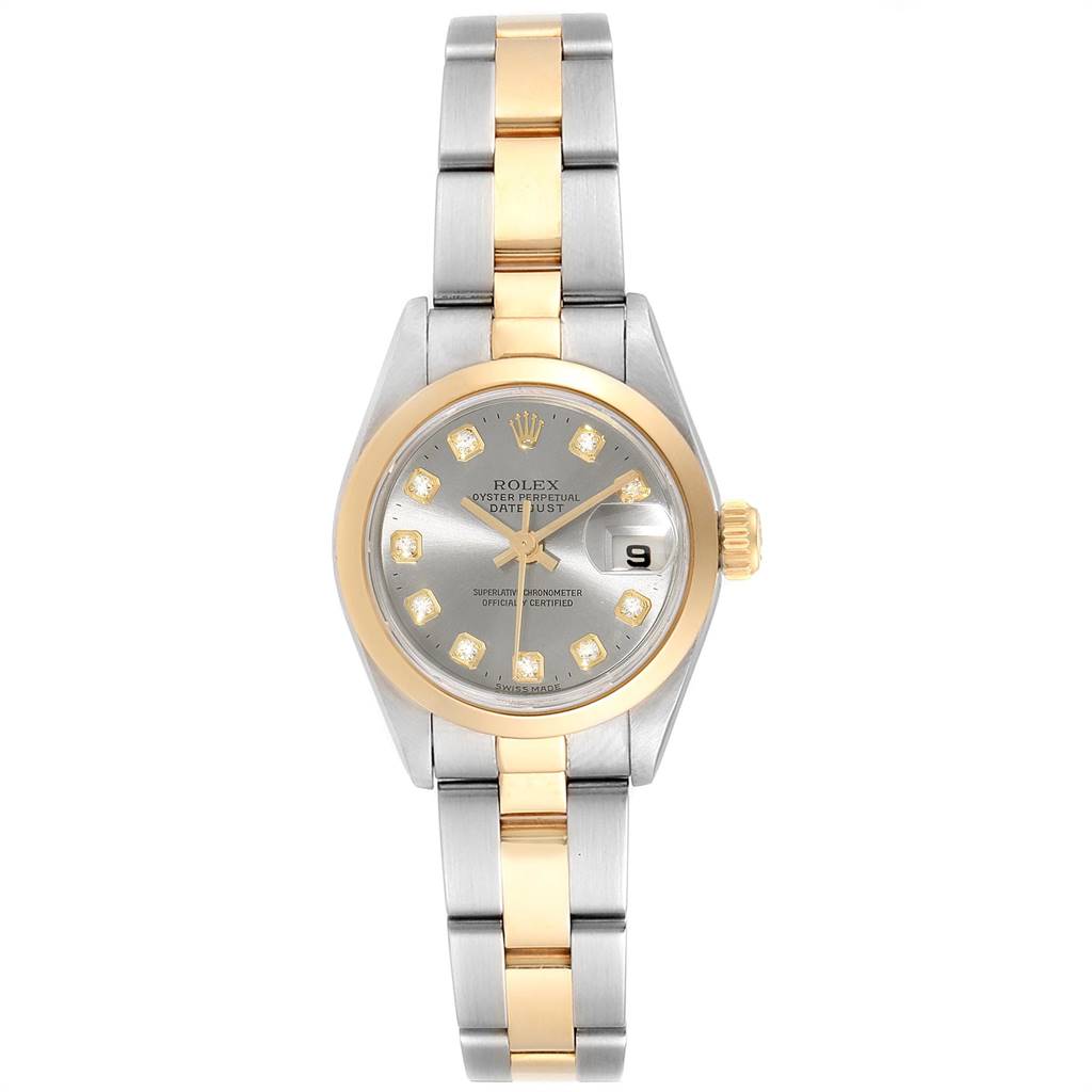 This image shows a front view of a Rolex Datejust 69163 Women's Stainless Steel Grey Dial 69163 Women's Stainless Steel Grey Dial watch, displaying its dial, bezel, bracelet, and date function.