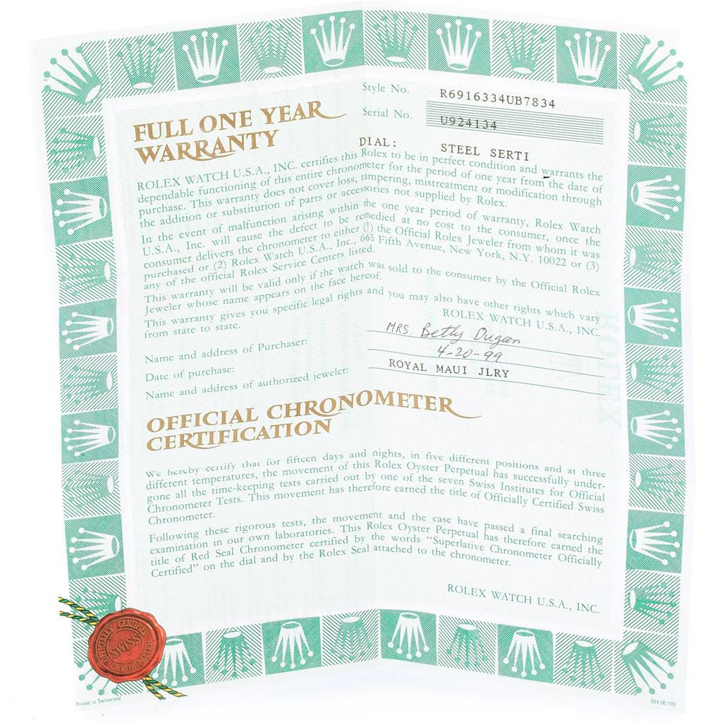 The image shows a full one-year warranty and official chronometer certification document for a Rolex Datejust 69163 Women's Stainless Steel Grey Dial 69163 Women's Stainless Steel Grey Dial watch.