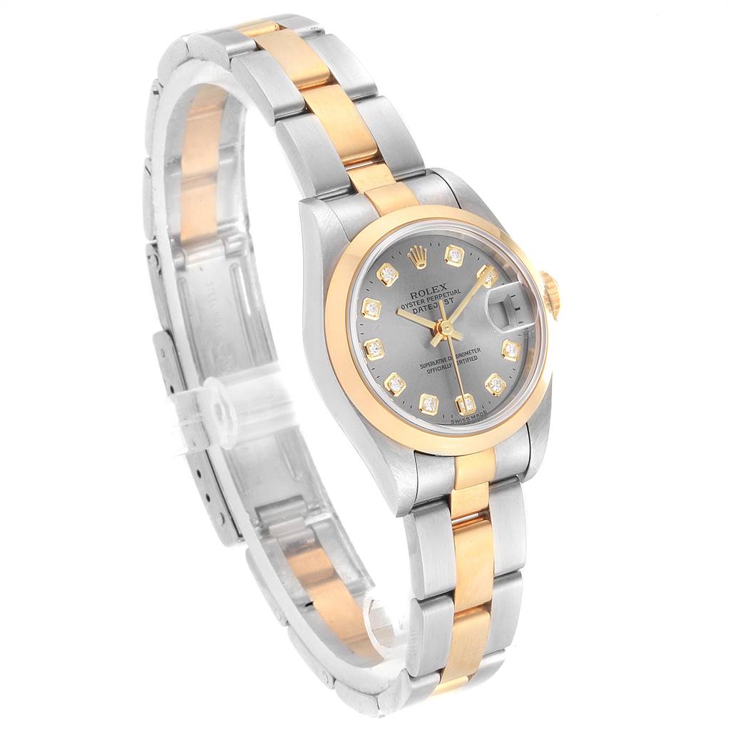 This image shows a front angled view of a Rolex Datejust 69163 Women's Stainless Steel Grey Dial 69163 Women's Stainless Steel Grey Dial, highlighting its two-tone bracelet and diamond marker dial.