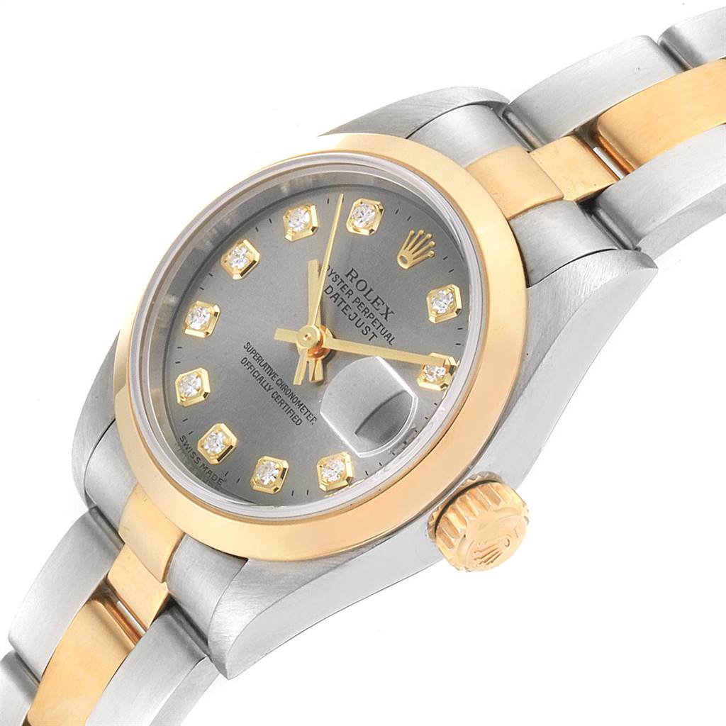 This image shows a close-up angled view of the Rolex Datejust 69163 Women's Stainless Steel Grey Dial 69163 Women's Stainless Steel Grey Dial watch, highlighting the dial, bezel, crown, and part of the bracelet.