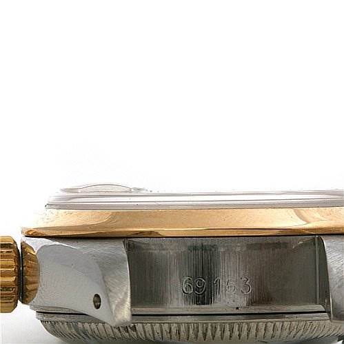 This image shows a side view of the Rolex Datejust 69163 Women's Stainless Steel Mother of Pearl Dial 69163 Women's Stainless Steel Mother of Pearl Dial watch, highlighting the crown, case, and part of the bezel.