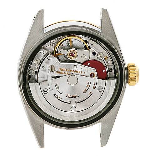 The image shows the internal mechanism and movement of a Rolex Datejust 69163 Women's Stainless Steel Mother of Pearl Dial 69163 Women's Stainless Steel Mother of Pearl Dial watch from the back angle.