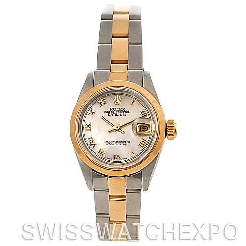 This image shows a Rolex Datejust 69163 Women's Stainless Steel Mother of Pearl Dial 69163 Women's Stainless Steel Mother of Pearl Dial watch from a front angle, displaying the dial, bezel, hands, indexes, and bracelet.