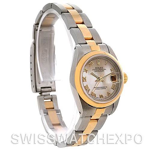 This image showcases a Rolex Datejust 69163 Women's Stainless Steel Mother of Pearl Dial 69163 Women's Stainless Steel Mother of Pearl Dial watch viewed from a three-quarter angle, highlighting its face, two-tone bracelet, and clasp.