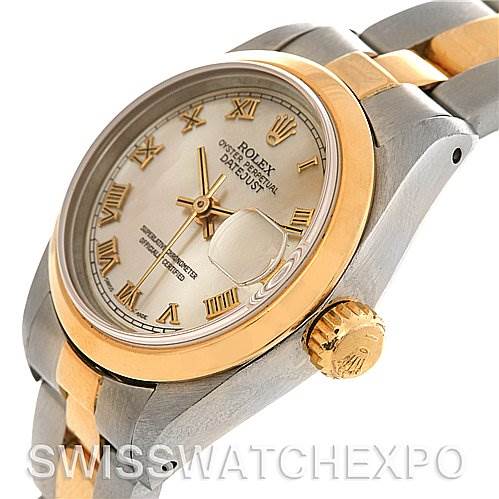 The image shows a side-angle view of a Rolex Datejust 69163 Women's Stainless Steel Mother of Pearl Dial 69163 Women's Stainless Steel Mother of Pearl Dial watch, highlighting the crown, bezel, and bracelet.