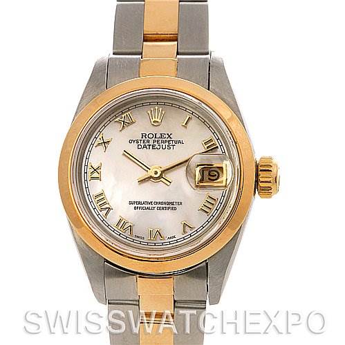 The image shows a front view of a Rolex Datejust 69163 Women's Stainless Steel Mother of Pearl Dial 69163 Women's Stainless Steel Mother of Pearl Dial watch, including the dial, bezel, crown, and part of the bracelet.