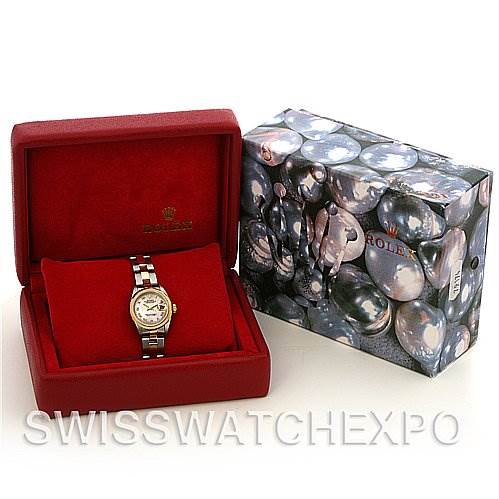 The image shows a Rolex Datejust 69163 Women's Stainless Steel Mother of Pearl Dial 69163 Women's Stainless Steel Mother of Pearl Dial watch in its red box along with its outer packaging.