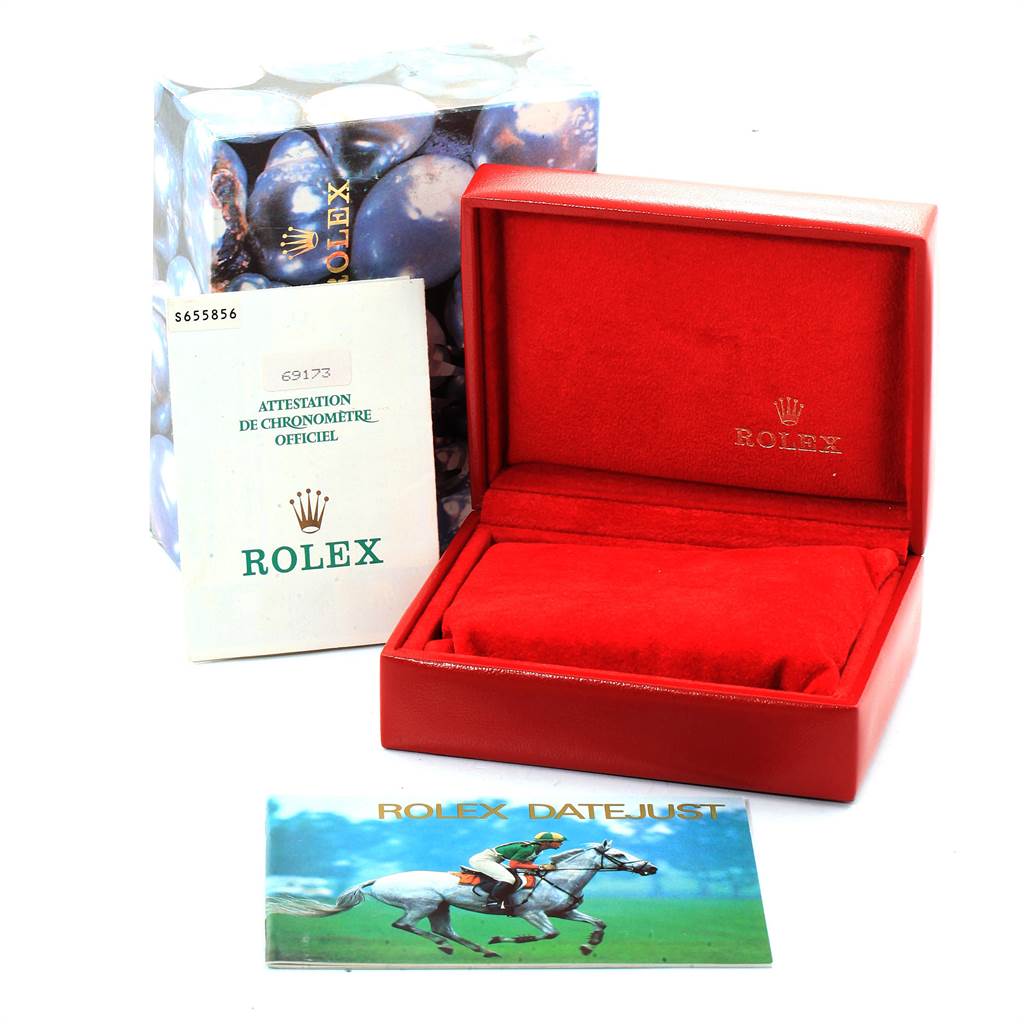 The image shows the box, booklet, and official certification for a Rolex Datejust 69173 Women's Stainless Steel Beige Dial 69173 Women's Stainless Steel Beige Dial watch.