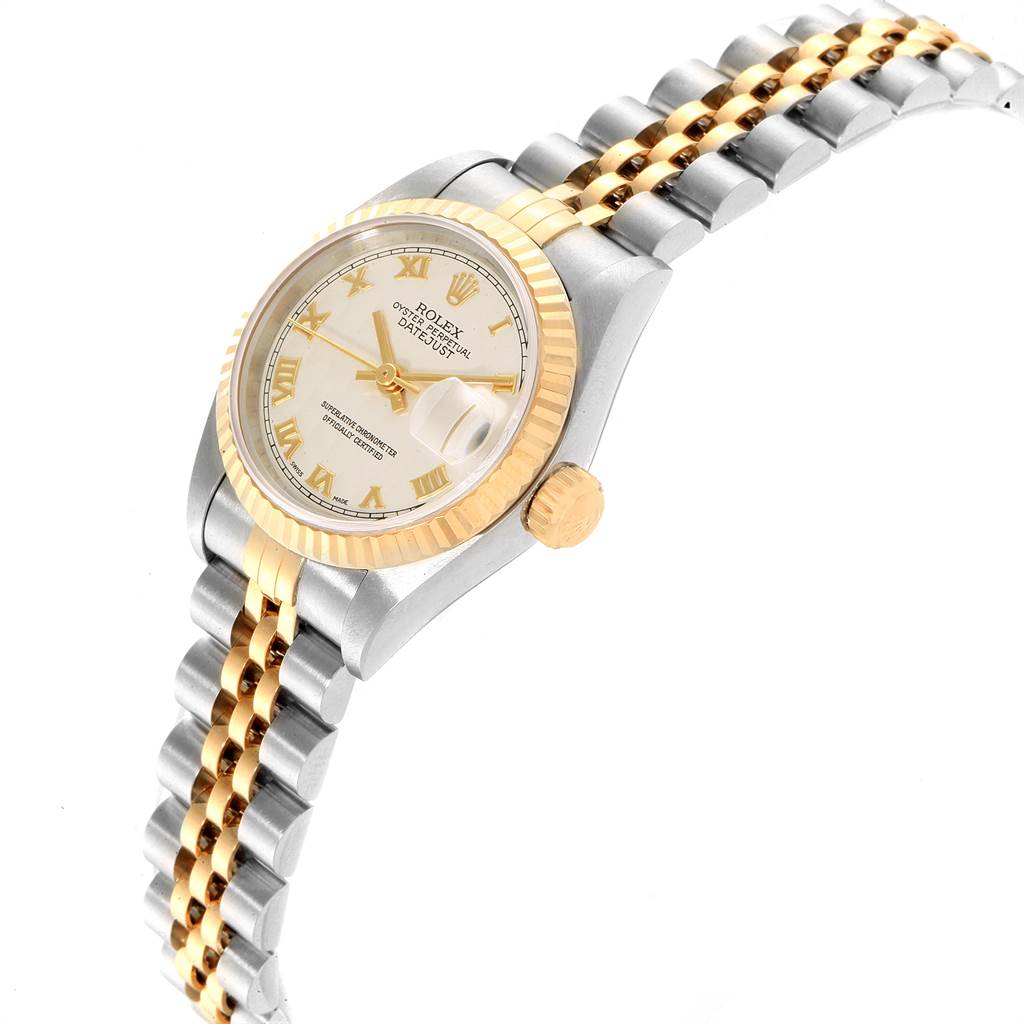The Rolex Datejust 69173 Women's Stainless Steel Beige Dial 69173 Women's Stainless Steel Beige Dial watch is shown at an angle highlighting the dial, bezel, crown, and two-tone Jubilee bracelet.