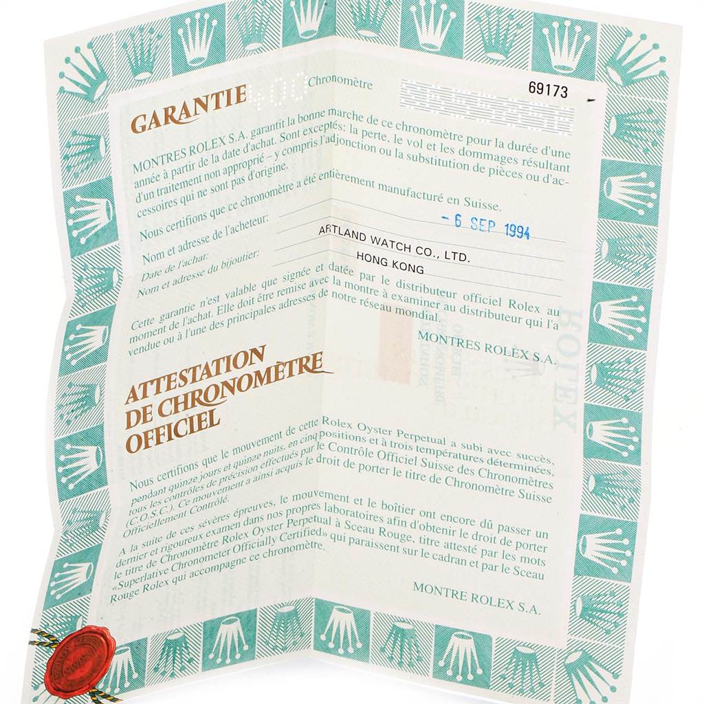 This is an official warranty and chronometer certification document for a Rolex Datejust 69173 Women's Stainless Steel Beige Dial 69173 Women's Stainless Steel Beige Dial watch.