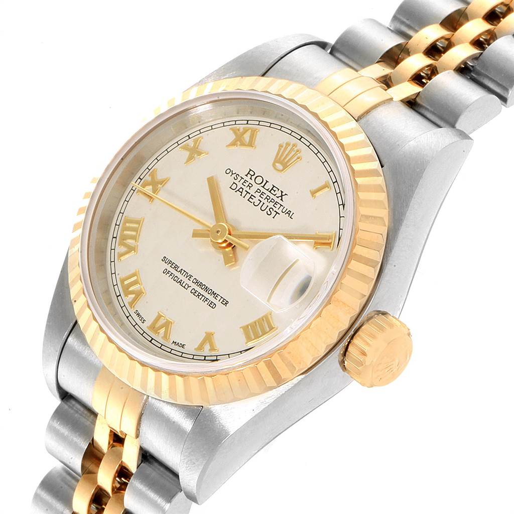 The image shows a close-up angle of a Rolex Datejust 69173 Women's Stainless Steel Beige Dial 69173 Women's Stainless Steel Beige Dial watch, highlighting the dial, bezel, crown, and part of the two-tone bracelet.