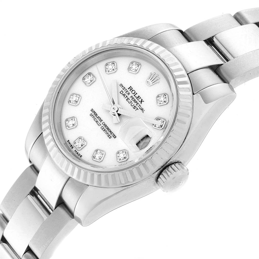 This image shows a close-up angle of the Rolex Datejust 179174 Women
s Stainless Steel White Dial 179174 Women
s Stainless Steel White Dial watch, highlighting the dial, crown, and part of the bracelet.