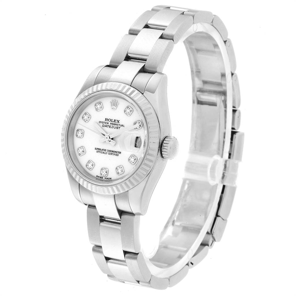 The image shows a Rolex Datejust 179174 Women
s Stainless Steel White Dial 179174 Women
s Stainless Steel White Dial watch at a slightly tilted angle, revealing the face, bezel, crown, bracelet, and deployment clasp.