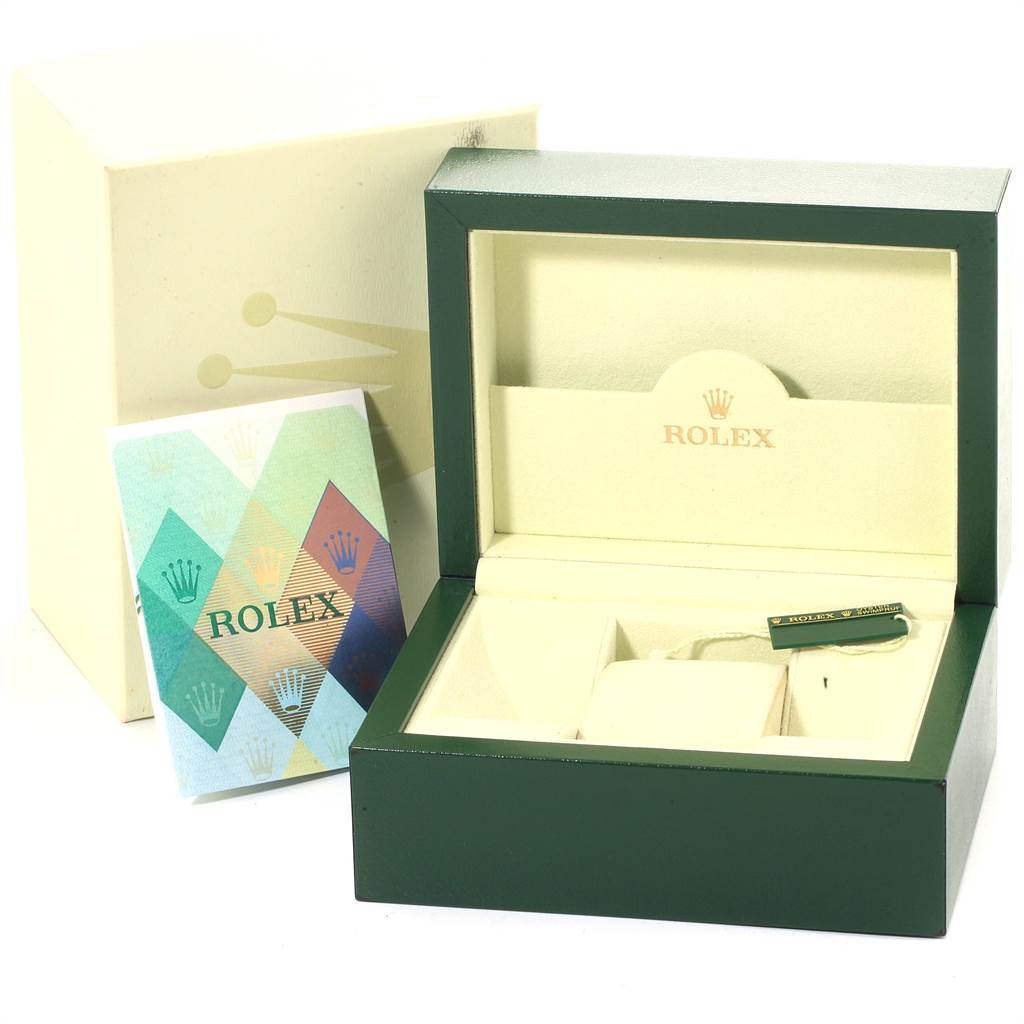 The image shows the open box, booklet, and tag for a Rolex Datejust 179174 Women
s Stainless Steel White Dial 179174 Women
s Stainless Steel White Dial watch.