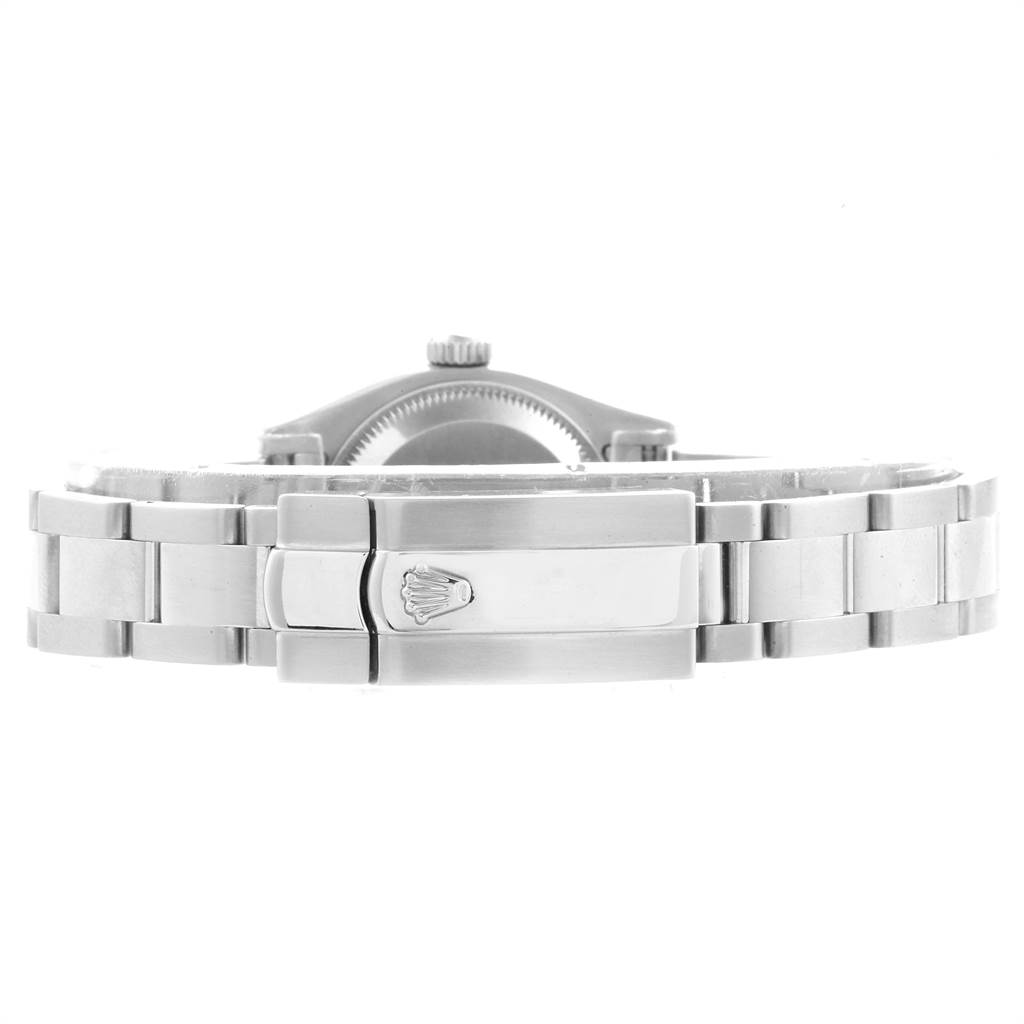The image shows a Rolex Datejust 179174 Women
s Stainless Steel White Dial 179174 Women
s Stainless Steel White Dial watch from the back, focusing on the closed clasp and the bracelet.