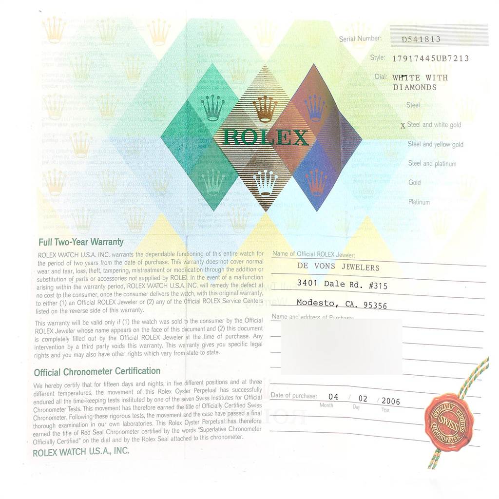 This image shows a warranty and certification document for a Rolex Datejust 179174 Women
s Stainless Steel White Dial 179174 Women
s Stainless Steel White Dial watch, detailing the model, purchase date, and seller information.