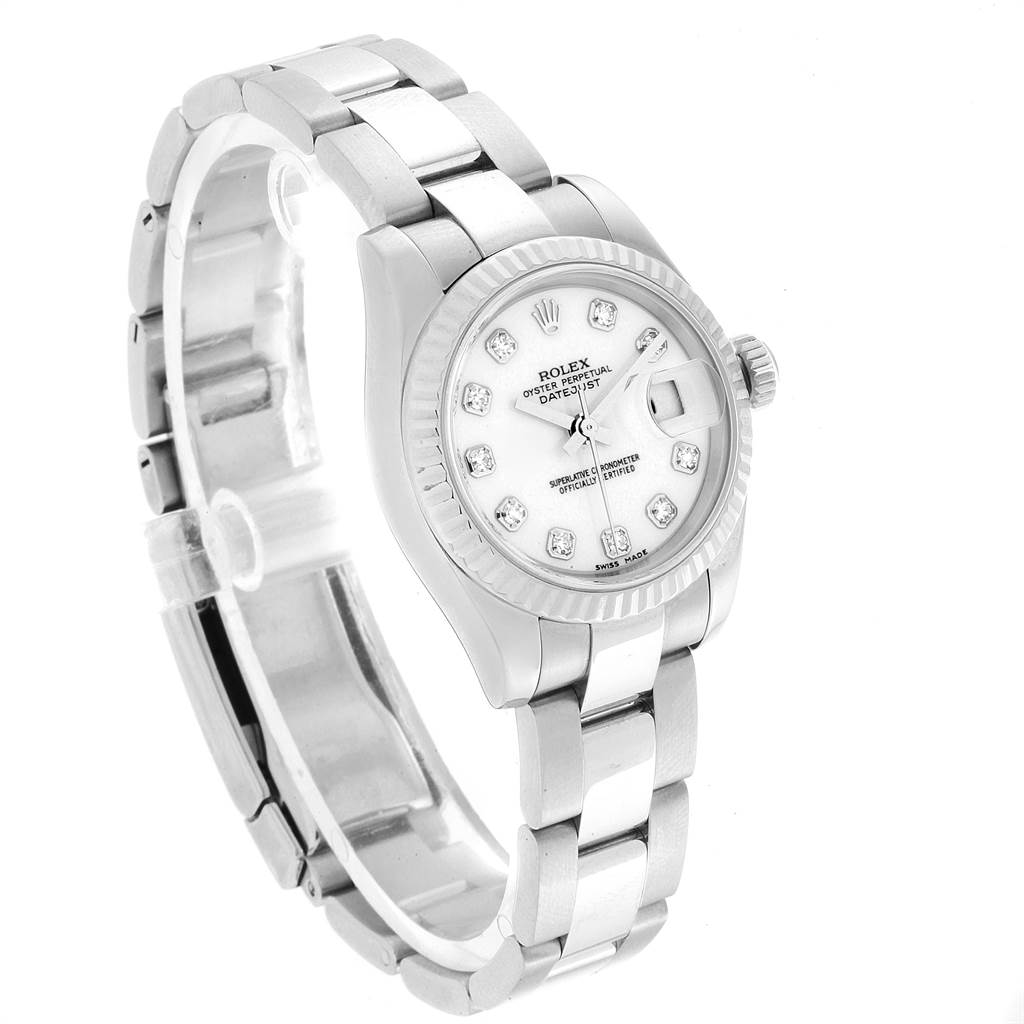 This image shows a Rolex Datejust 179174 Women
s Stainless Steel White Dial 179174 Women
s Stainless Steel White Dial watch at a three-quarter angle, displaying the face, bezel, and bracelet.