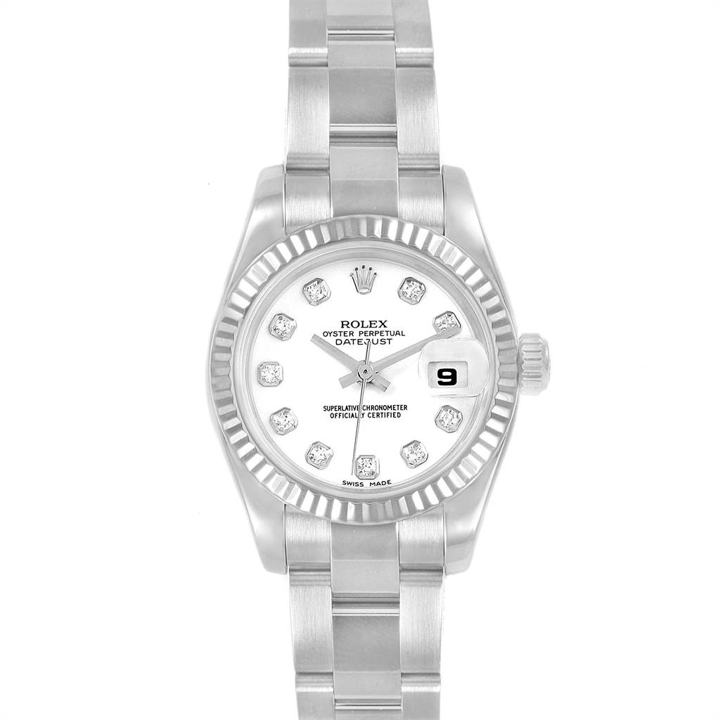 The image shows a frontal view of a Rolex Datejust 179174 Women
s Stainless Steel White Dial 179174 Women
s Stainless Steel White Dial watch, highlighting its dial, bezel, bracelet, and date window.