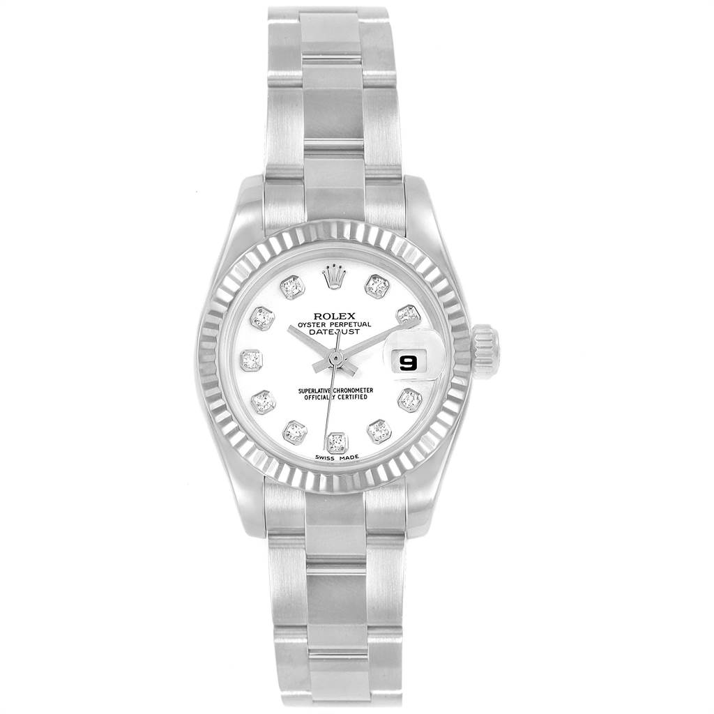 The image shows a front view of the Rolex Datejust 179174 Women
s Stainless Steel White Dial 179174 Women
s Stainless Steel White Dial watch, showcasing its dial, bezel, and bracelet.