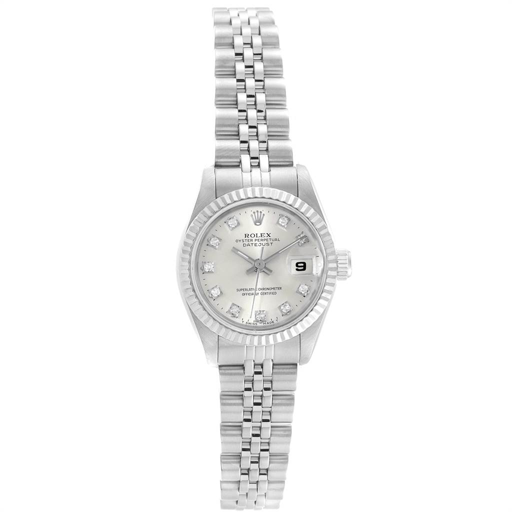 This Rolex Datejust 69174 Women
s Stainless Steel Silver Dial 69174 Women
s Stainless Steel Silver Dial watch is shown from a straight-on angle, displaying the face, bezel, and full bracelet.