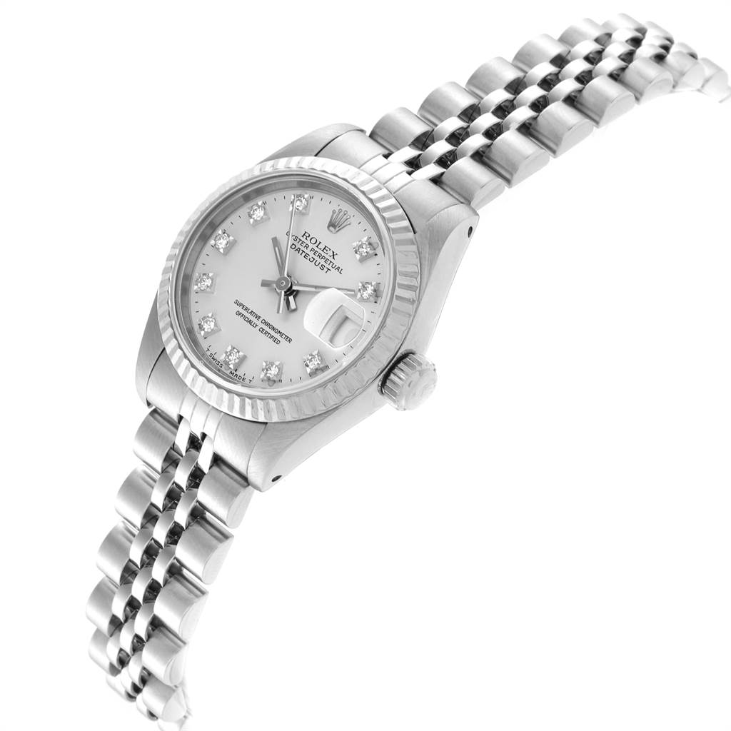 The image shows a Rolex Datejust 69174 Women
s Stainless Steel Silver Dial 69174 Women
s Stainless Steel Silver Dial watch from an angled top view, highlighting the bracelet, dial, crown, and bezel.