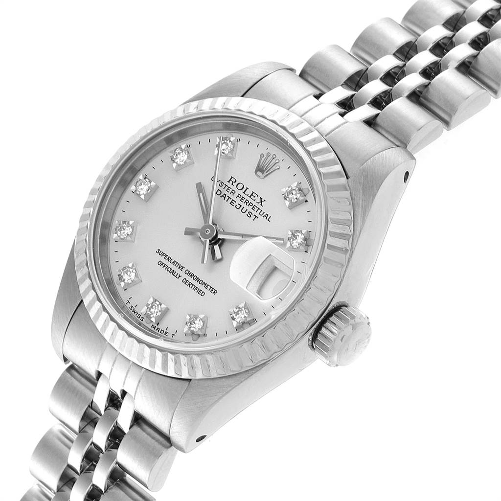 The image shows a close-up, angled view of a Rolex Datejust 69174 Women
s Stainless Steel Silver Dial 69174 Women
s Stainless Steel Silver Dial watch, highlighting the face, bezel, crown, and part of the bracelet.