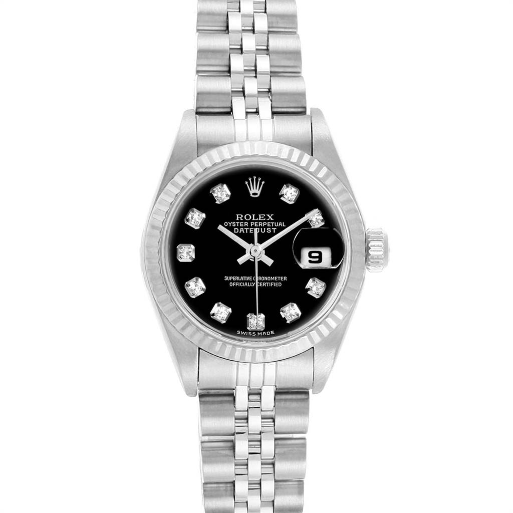 This Rolex Datejust 79174 Women
s Stainless Steel Black Dial 79174 Women
s Stainless Steel Black Dial watch is shown from a top-down angle, displaying the black diamond-set dial, fluted bezel, and Jubilee bracelet.