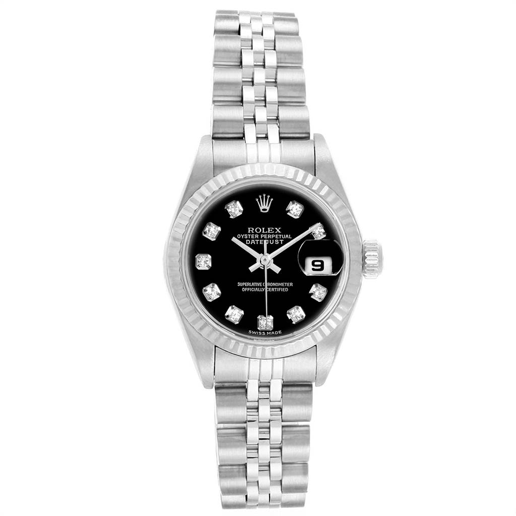The image shows a front view of a Rolex Datejust 79174 Women
s Stainless Steel Black Dial 79174 Women
s Stainless Steel Black Dial watch, displaying its face, dial, bracelet, and date window.