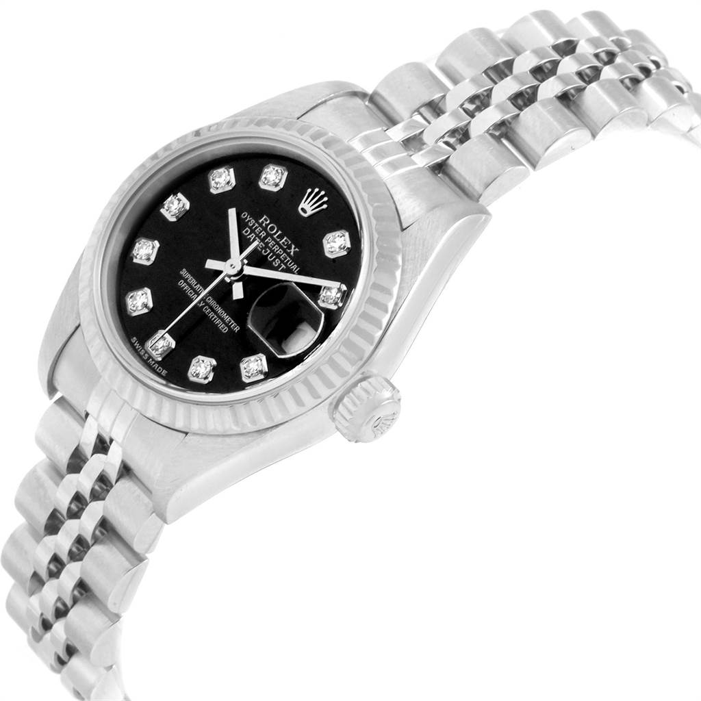 The image shows a side angle of a Rolex Datejust 79174 Women
s Stainless Steel Black Dial 79174 Women
s Stainless Steel Black Dial watch, highlighting the black dial, crown, and jubilee bracelet.