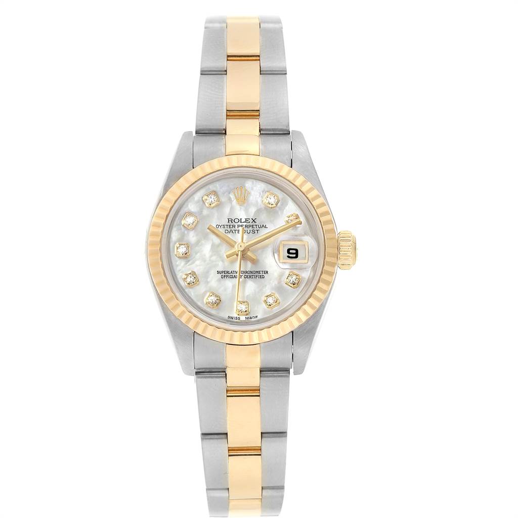 This image shows a front view of the Rolex Datejust 79173 Women's Stainless Steel Mother of Pearl Dial 79173 Women's Stainless Steel Mother of Pearl Dial watch, highlighting its dial, bezel, and bracelet.