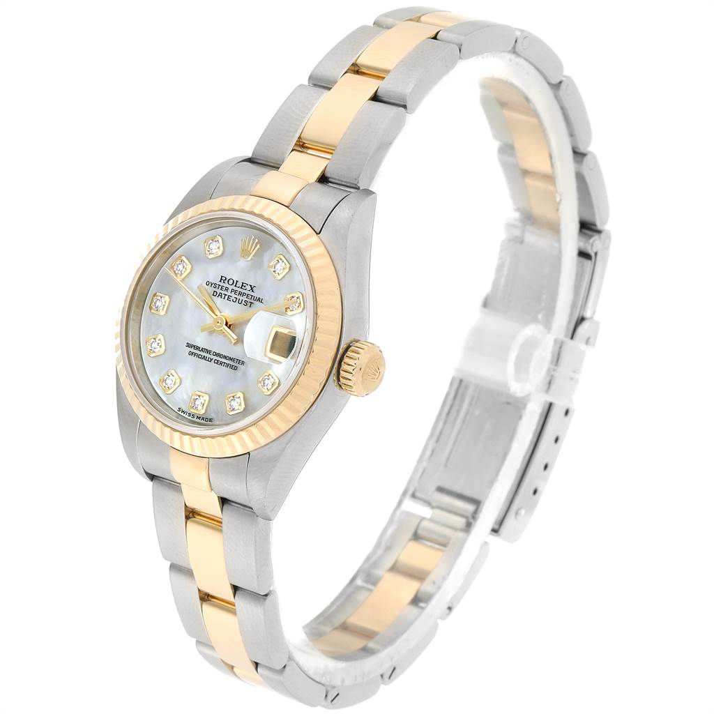 The image shows a Rolex Datejust 79173 Women's Stainless Steel Mother of Pearl Dial 79173 Women's Stainless Steel Mother of Pearl Dial watch at a three-quarter angle, highlighting the dial, bezel, crown, and bracelet.