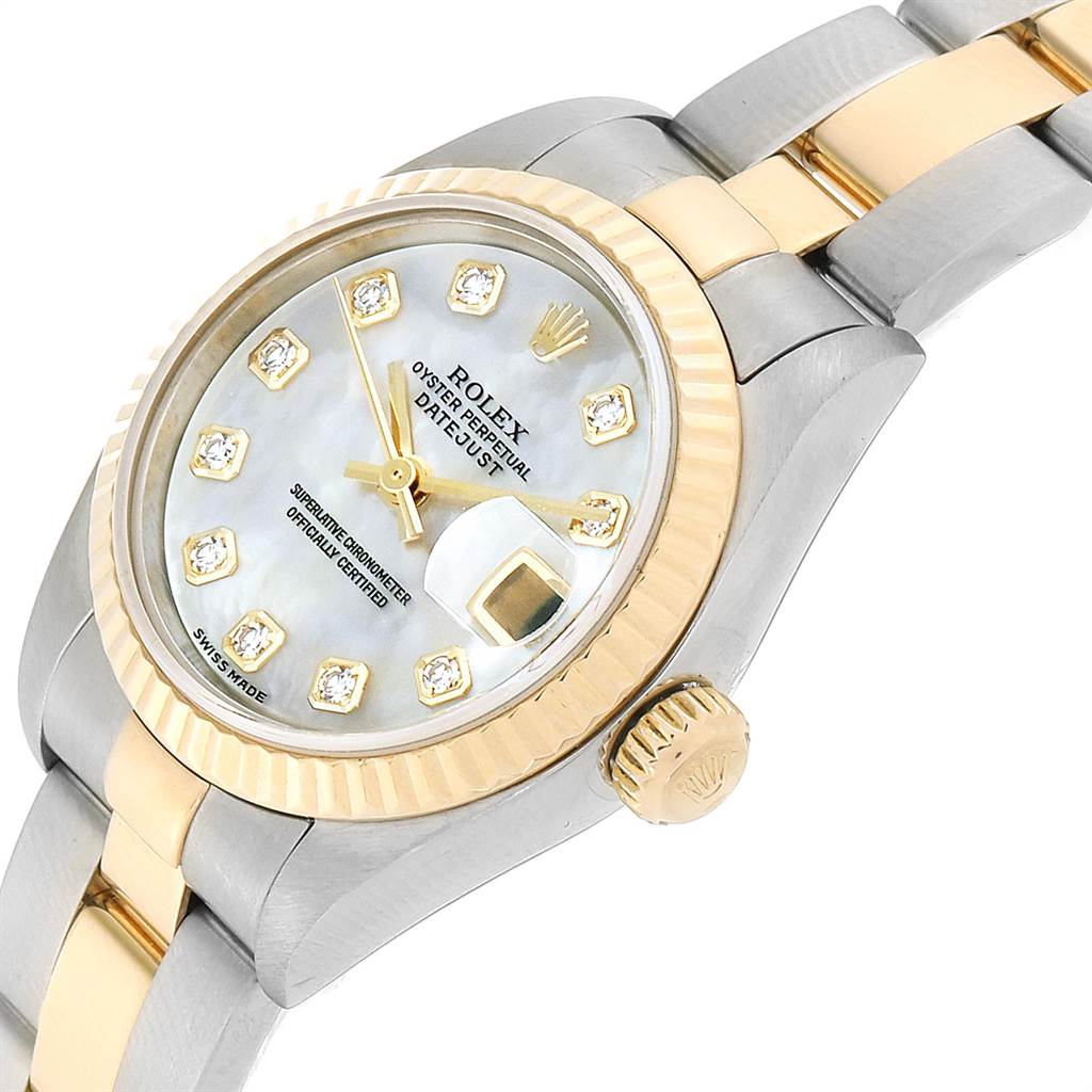 The image shows a Rolex Datejust 79173 Women's Stainless Steel Mother of Pearl Dial 79173 Women's Stainless Steel Mother of Pearl Dial watch at a slight angle, highlighting its bezel, dial, crown, and part of the bracelet.