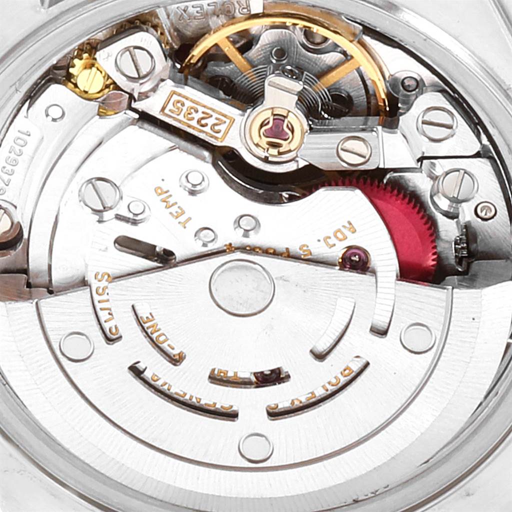 The image shows the movement and internal mechanics of a Rolex Datejust 79173 Women's Stainless Steel Mother of Pearl Dial 79173 Women's Stainless Steel Mother of Pearl Dial watch from a close-up angle.