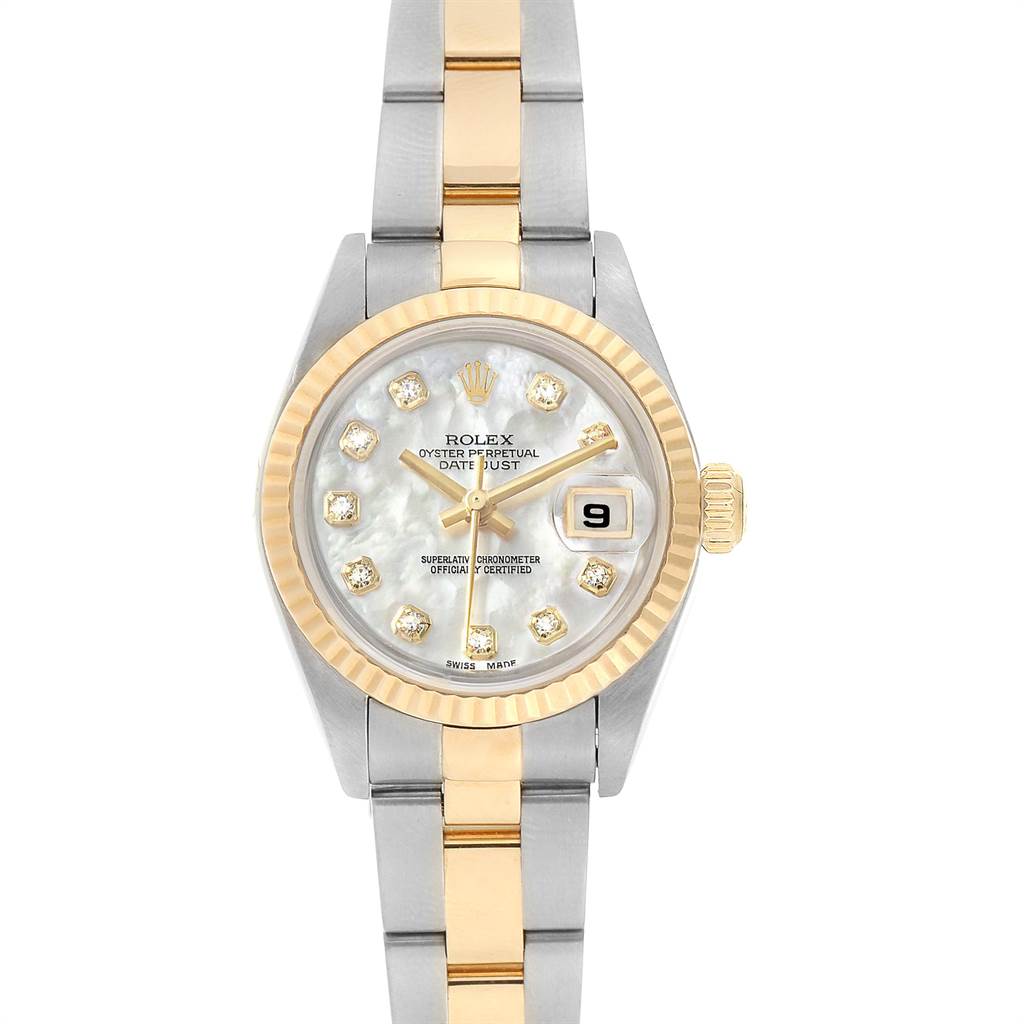 The Rolex Datejust 79173 Women's Stainless Steel Mother of Pearl Dial 79173 Women's Stainless Steel Mother of Pearl Dial watch is shown from the front, highlighting its two-tone bracelet, fluted bezel, and dial with date display.