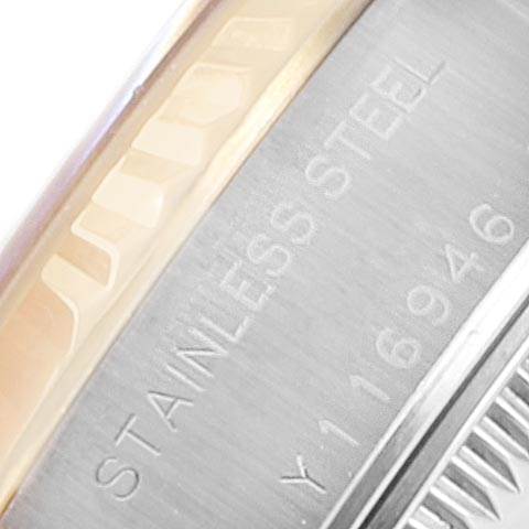 The image shows a close-up of the side of the Rolex Datejust 79173 Women's Stainless Steel Mother of Pearl Dial 79173 Women's Stainless Steel Mother of Pearl Dial watch case, highlighting the "STAINLESS STEEL" engraving and model number.