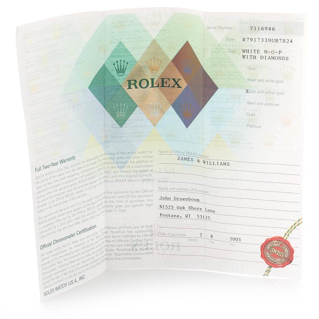 This image shows the warranty certificate and authenticity documentation for the Rolex Datejust 79173 Women's Stainless Steel Mother of Pearl Dial 79173 Women's Stainless Steel Mother of Pearl Dial.