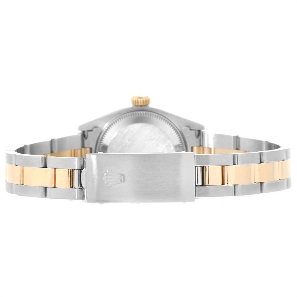 The image shows the back side of a Rolex Datejust 79173 Women's Stainless Steel Mother of Pearl Dial 79173 Women's Stainless Steel Mother of Pearl Dial watch, highlighting the clasp and bracelet.