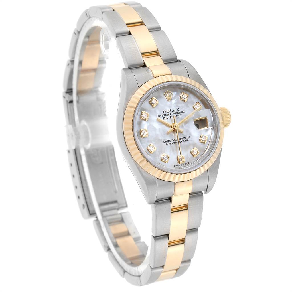 The Rolex Datejust 79173 Women's Stainless Steel Mother of Pearl Dial 79173 Women's Stainless Steel Mother of Pearl Dial watch is shown at a tilted angle, highlighting its two-tone bracelet, fluted bezel, and diamond hour markers.