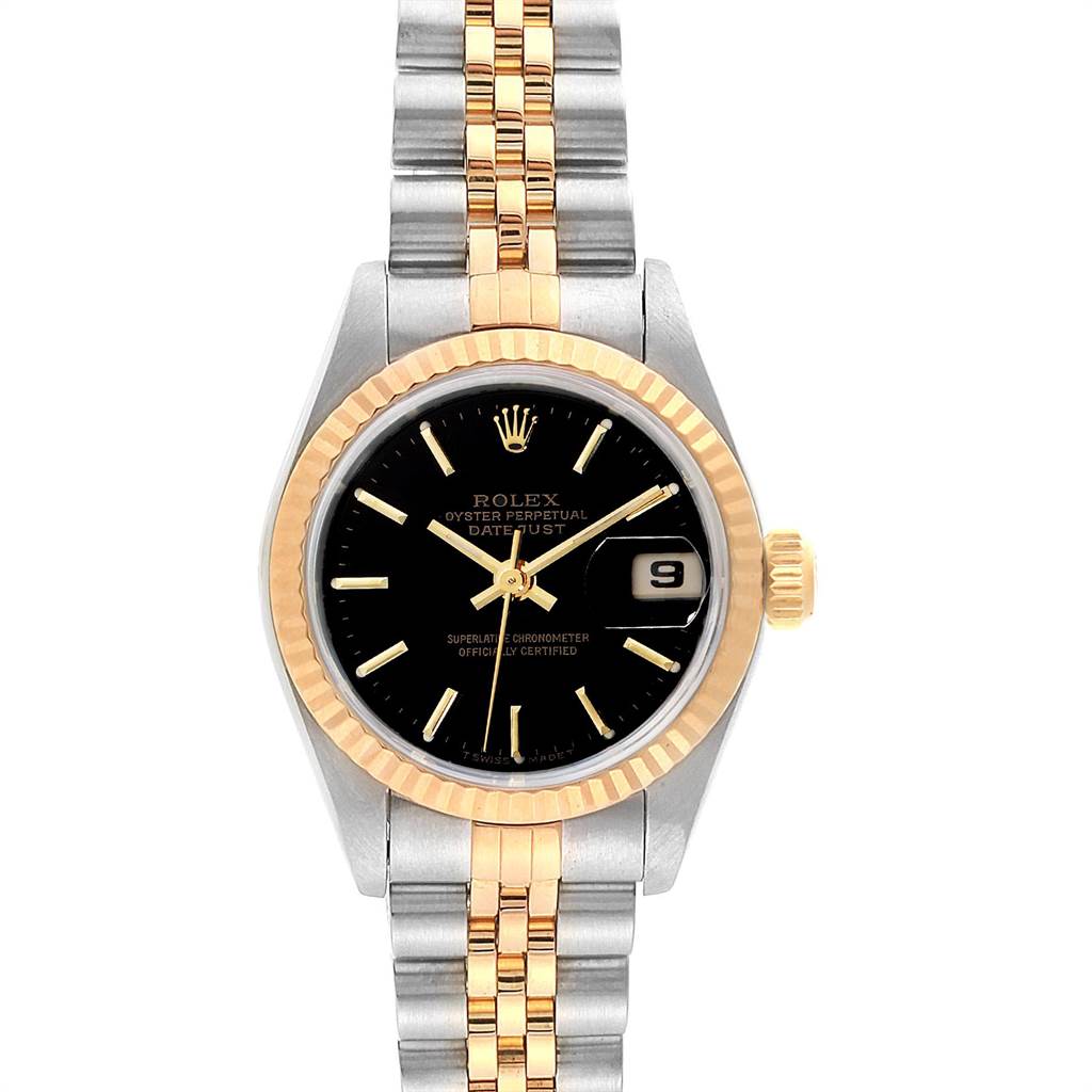 The image shows a Rolex Datejust 69173 Women
s Stainless Steel Black Dial 69173 Women
s Stainless Steel Black Dial watch from a front angle, highlighting its dial, bezel, and bracelet.