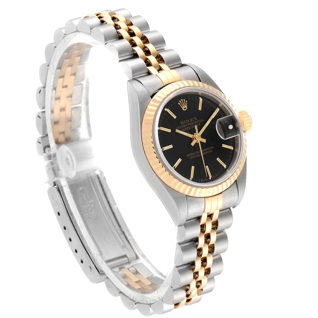 The image shows a Rolex Datejust 69173 Women
s Stainless Steel Black Dial 69173 Women
s Stainless Steel Black Dial model watch at a slight angle, highlighting the two-tone bracelet and the black dial with gold accents.