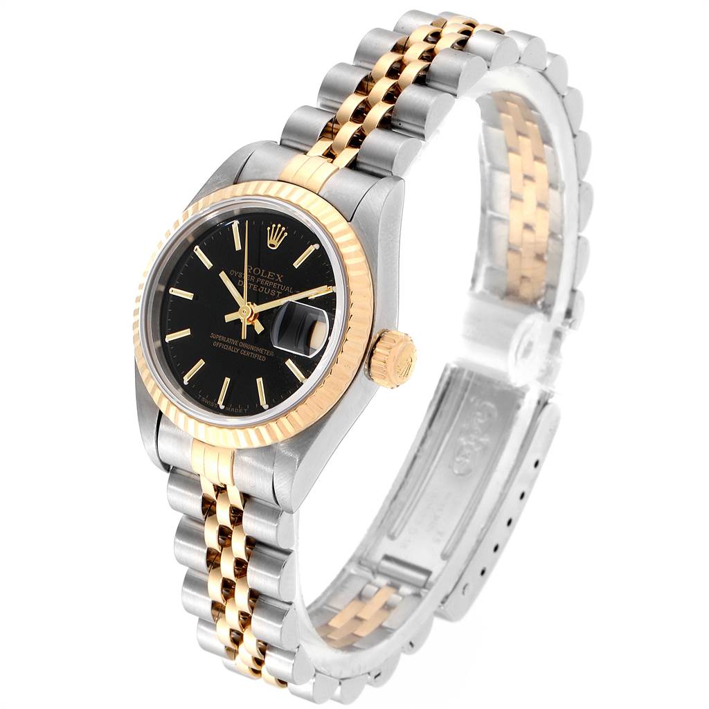 The Rolex Datejust 69173 Women
s Stainless Steel Black Dial 69173 Women
s Stainless Steel Black Dial watch is shown at a three-quarter angle, highlighting its black dial, fluted gold bezel, and two-tone bracelet.