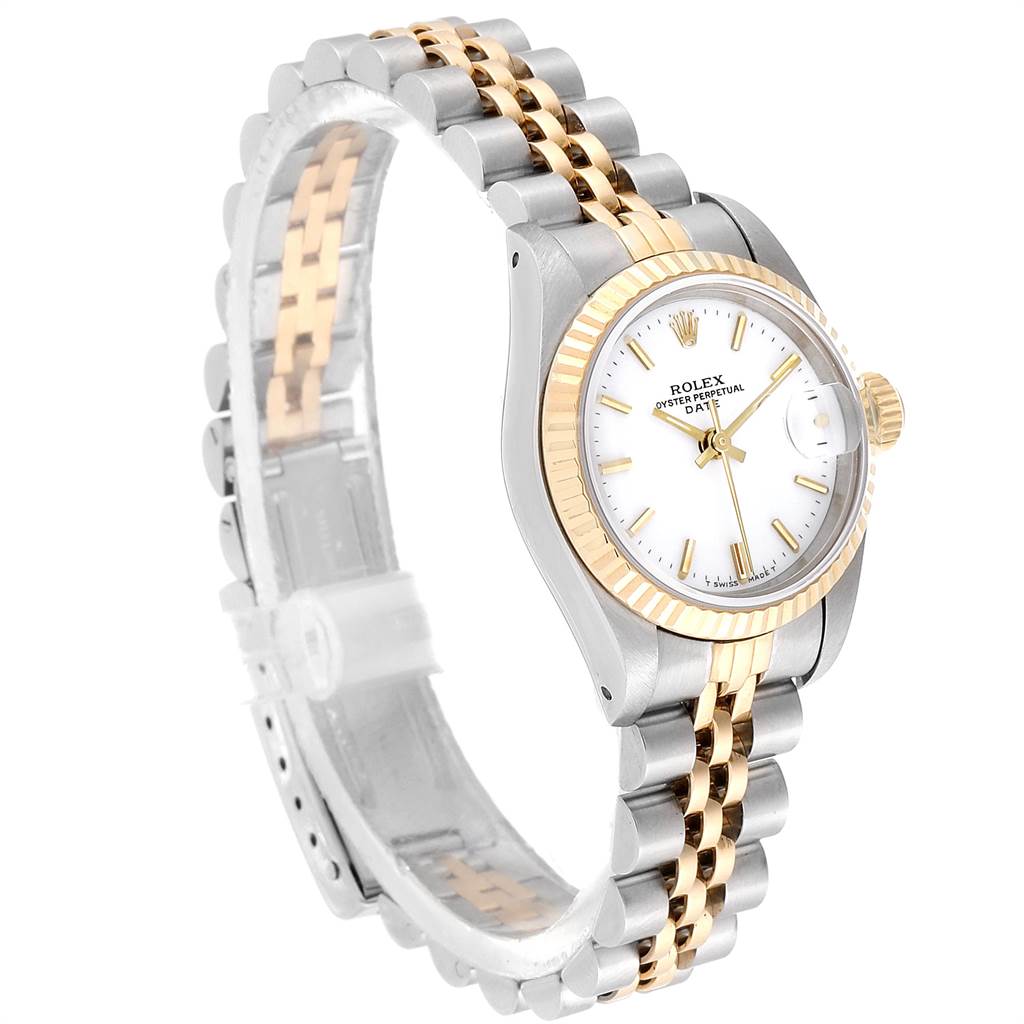 The image shows a side angle of a Rolex Datejust 69173 Women's Stainless Steel White Dial 69173 Women's Stainless Steel White Dial watch, highlighting the dial, bezel, crown, and two-tone bracelet.