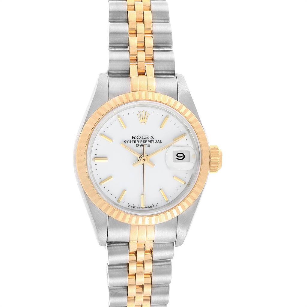 The image shows a front view of a Rolex Datejust 69173 Women's Stainless Steel White Dial 69173 Women's Stainless Steel White Dial watch, displaying its dial, bezel, crown, and two-tone bracelet.